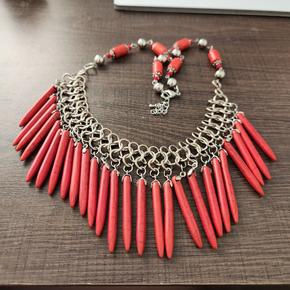 Red Spike Bib Necklace‎ Silver Tone Southwestern Tribal Statement Jewelry Boho